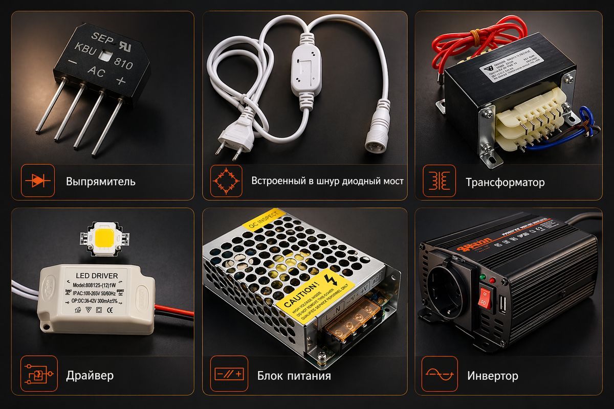 Коллаж с выпрямителем, встроенным в шнур диодным мостом, трансформатором, драйвером, блоком питания и инвертором