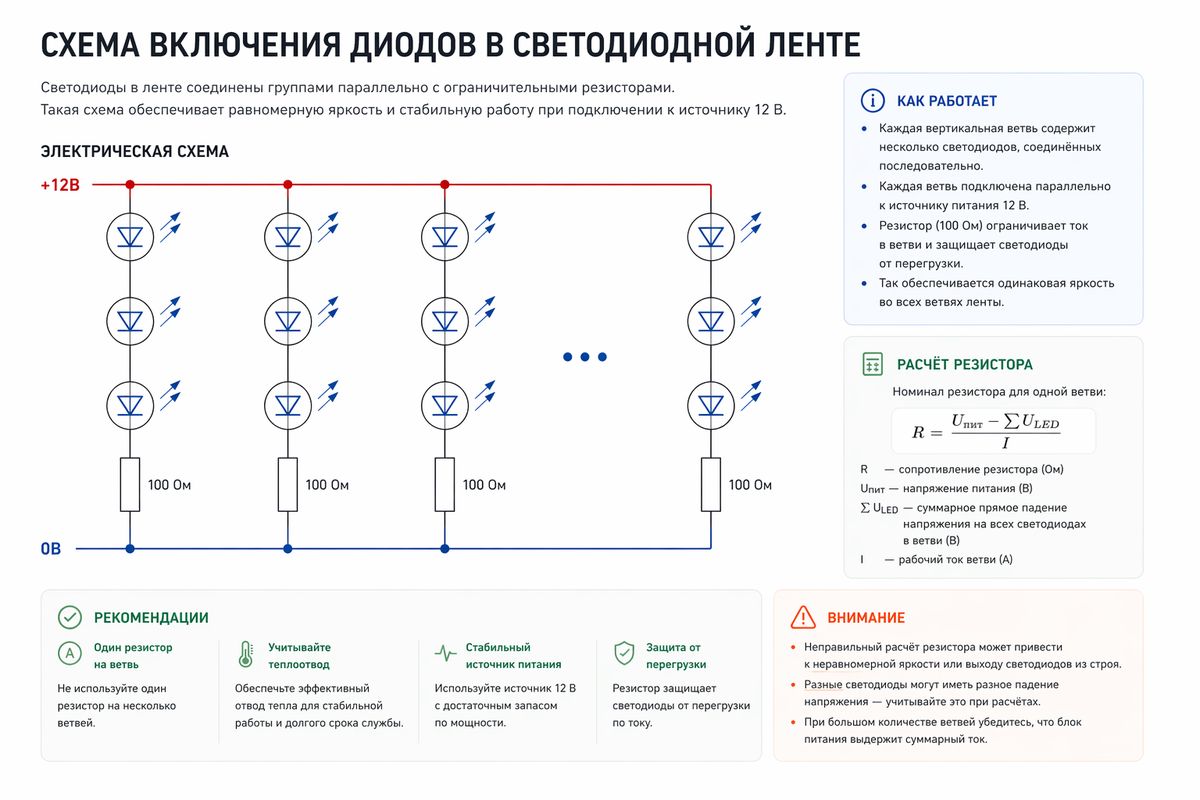 Схема включения диодов в светодиодной ленте с ограничением тока