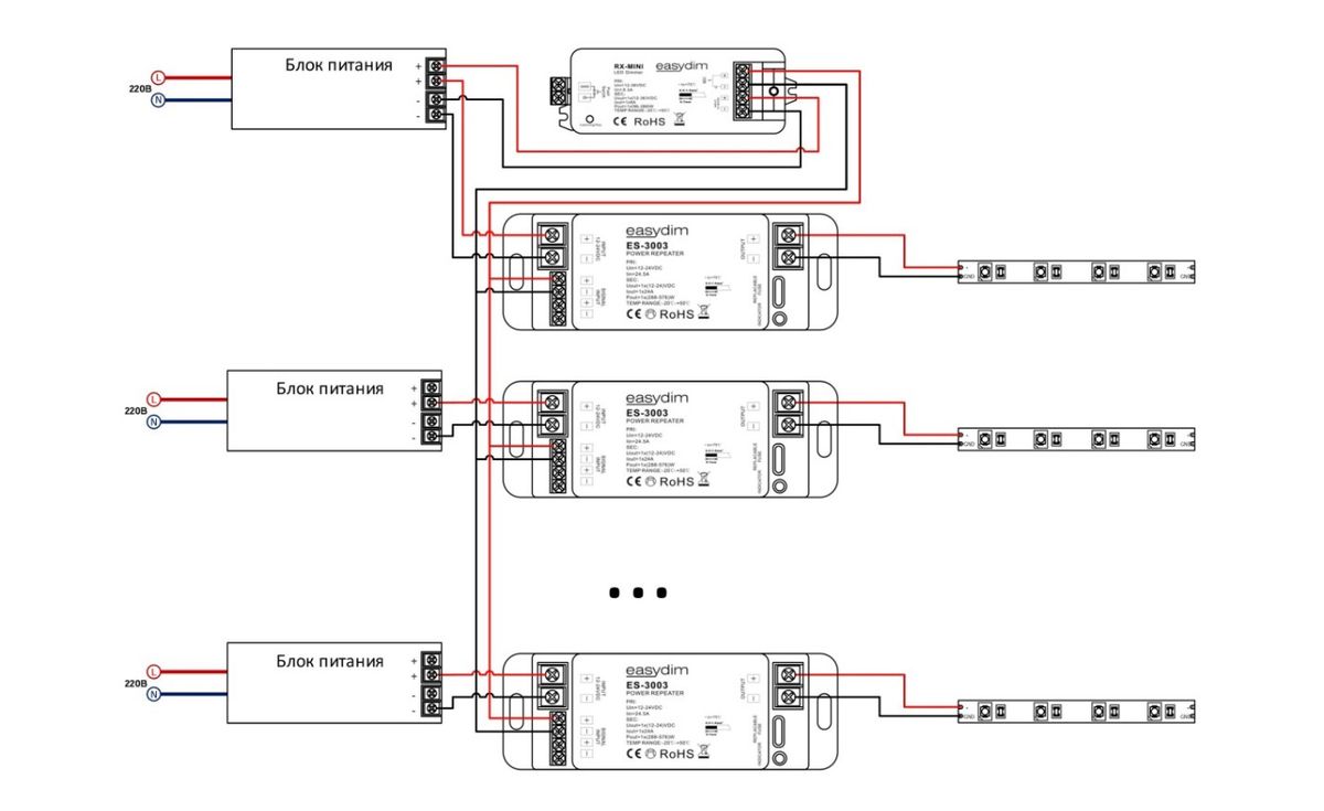 Одноканальная схема подключения усилителей для светодиодной ленты