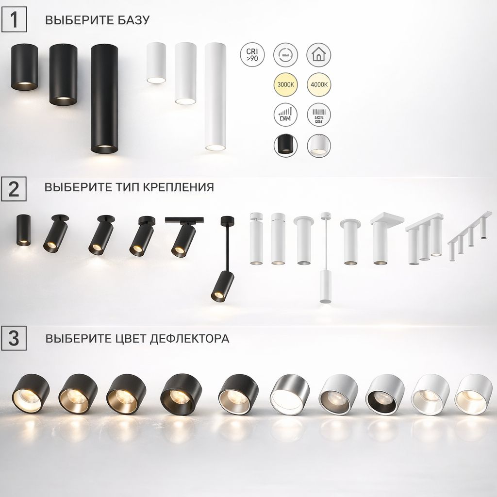 Схема светильника-конструктора VILLY: база, тип крепления и цвет дефлектора