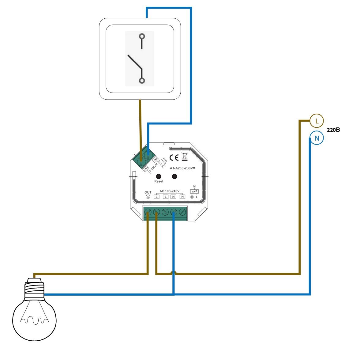 Правильная схема подключения одного механического выключателя к контактам Push приемника