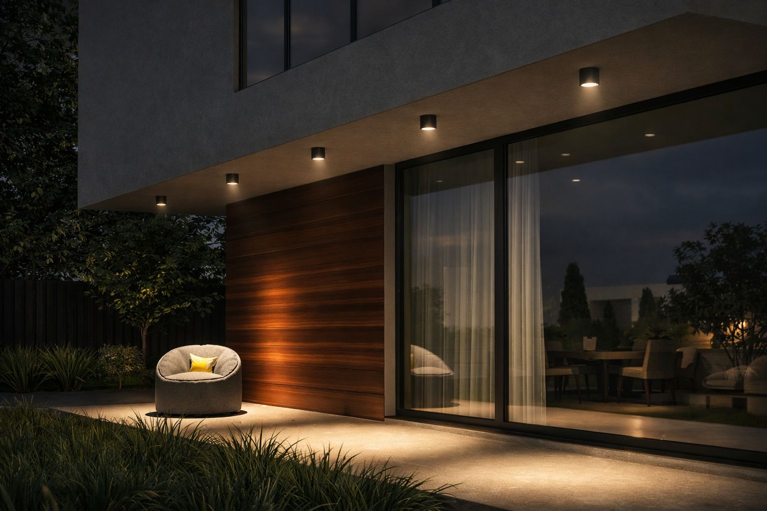 Уличный накладной светильник Вулкан у современной террасы