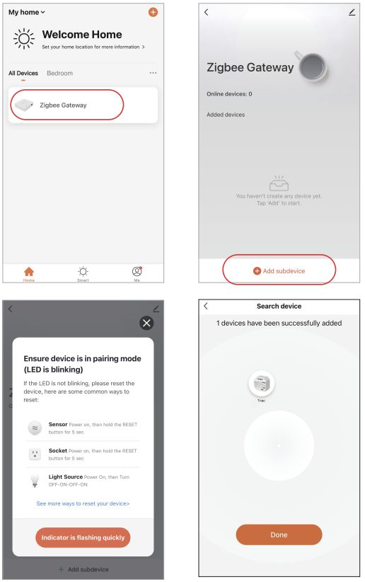 Экраны Smart Life с добавлением Zigbee Gateway и поиском устройства Quick Control