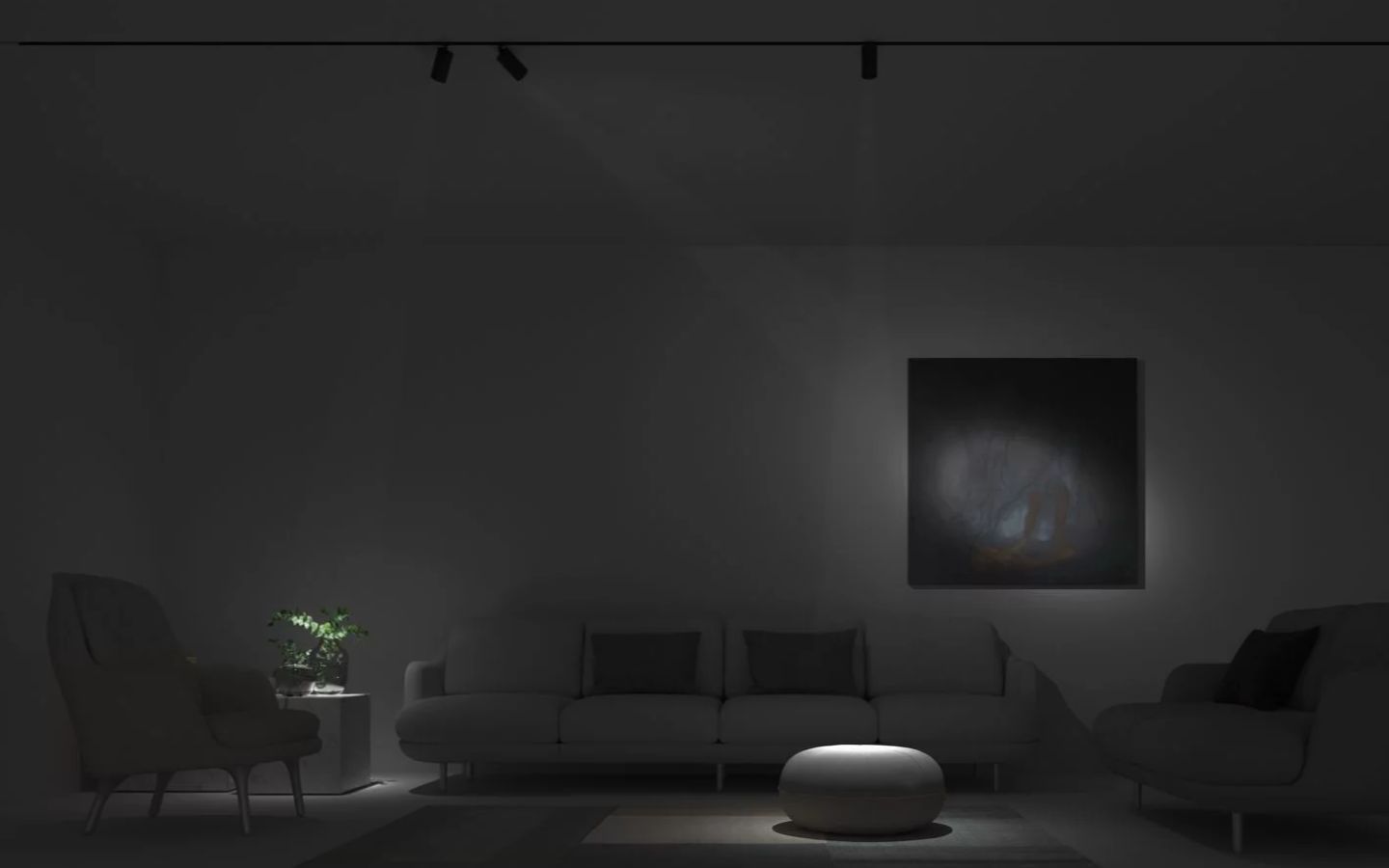 Интерьер гостиной с трековым освещением на потолке