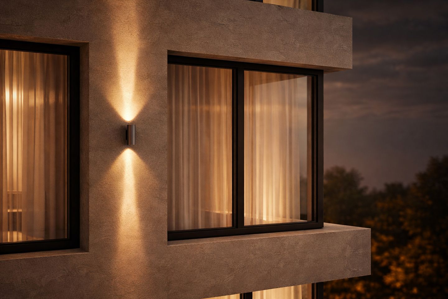 Фасадный светильник с лучами света на стене дома