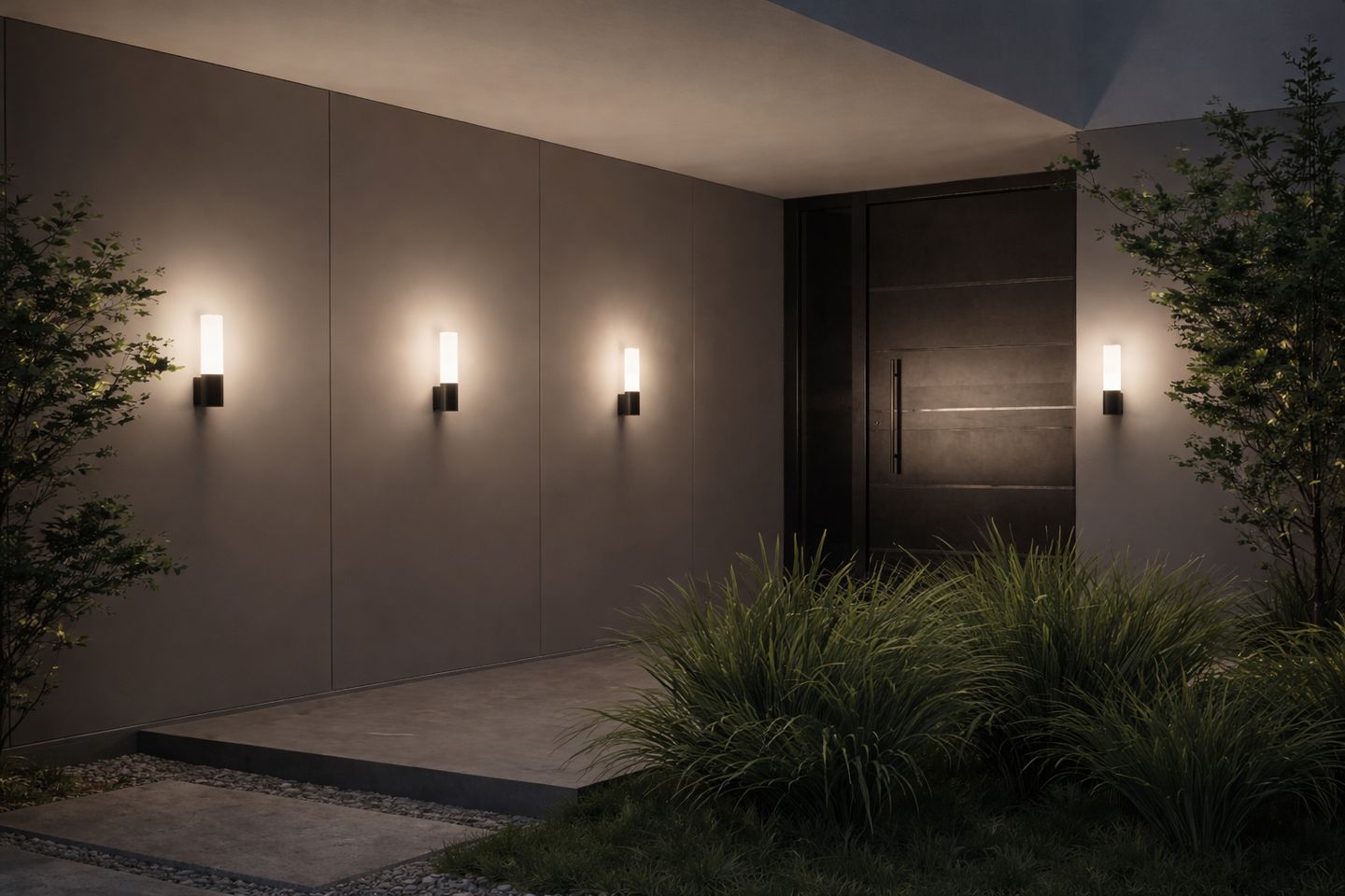 Настенные светильники у входной двери на фасаде