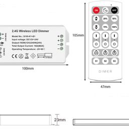 Диммер, 2.4G с пультом, 21 кноп., DC12/24V, <16A(MAX), SW-DIM-2.4G-16A