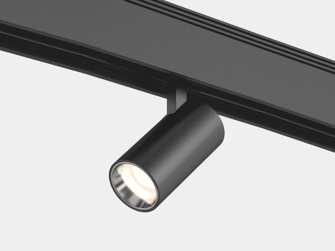 Трековый светильник SY на шинопроводе, включённый свет