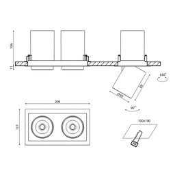 Чертеж встраиваемого двойного светильника с размерами и поворотом