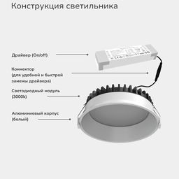 Светильник светодиодный диммируемый потолочный встраиваемый , серия WL-BQ, Белый, 20Вт, IP44, Теплый белый (3000К), BQ009120-WH-WW