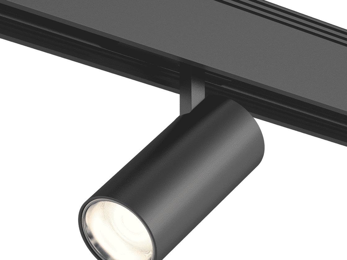 Черный трековый светильник цилиндрический на шинопроводе, вид сбоку
