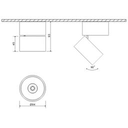Чертёж накладного светильника, размеры и поворот 90°