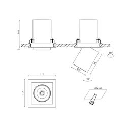 Чертеж светильника SPL, размеры 117 мм, вырез 100×100