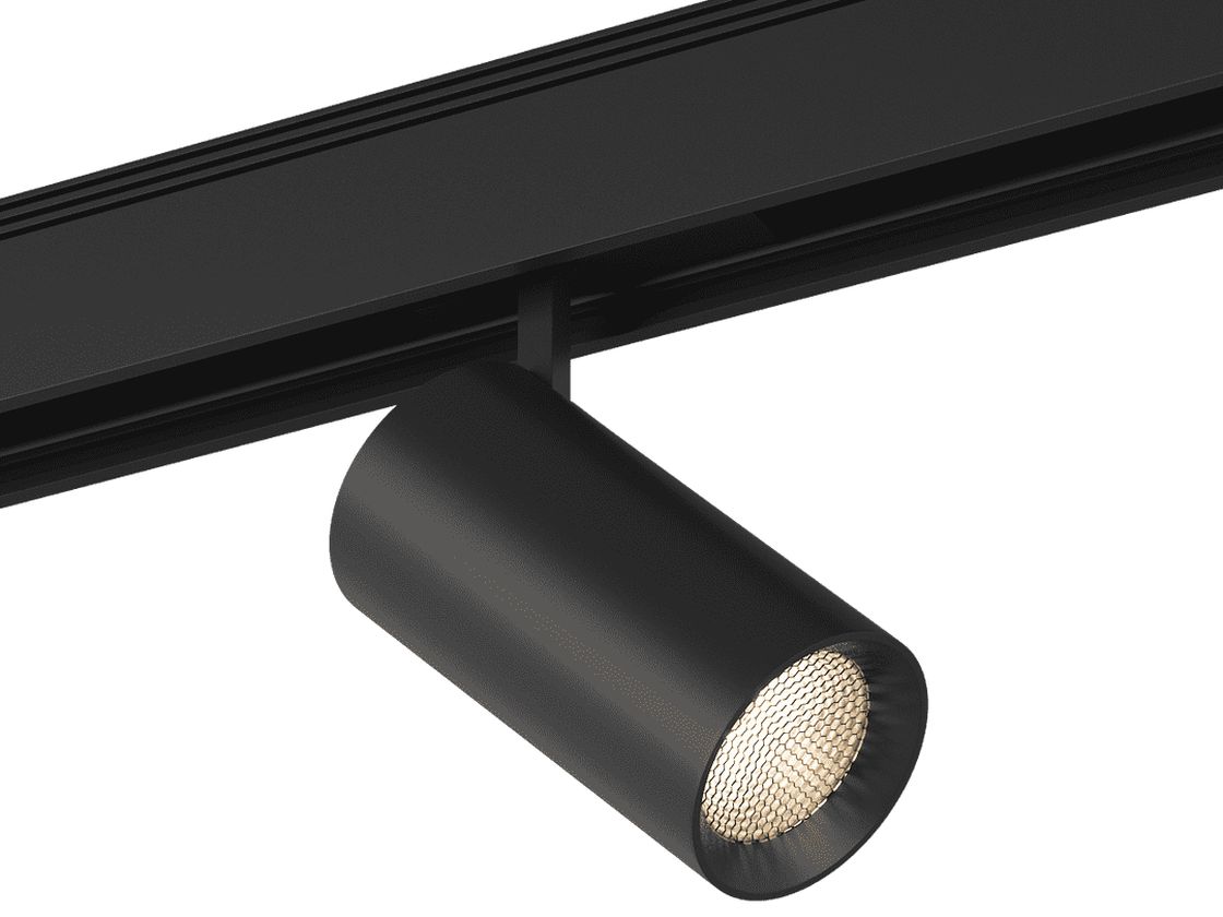 Трековый светильник на шинопроводе, черный корпус, вид сбоку