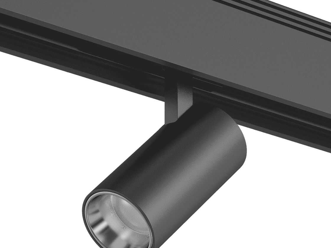 Черный трековый светильник SY, цилиндрический корпус, вид сбоку