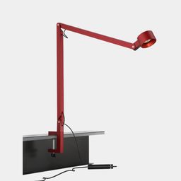 Красный настольный светильник на струбцине, боковой вид