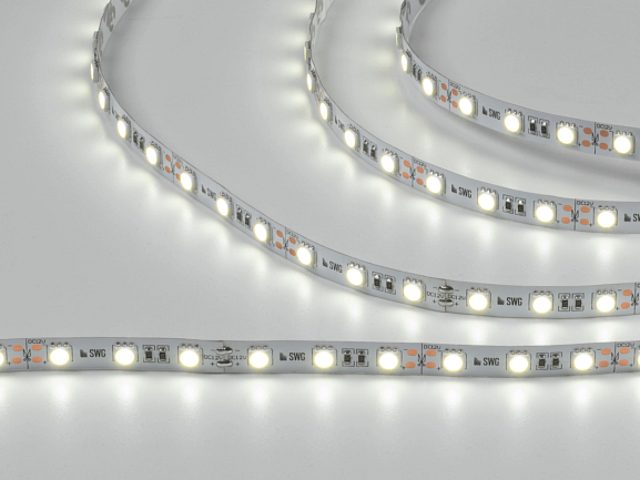 Фото Светодиодная лента 5050, 60 LED/м, 14,4 Вт/м, 12В , IP20, Цвет: Холодный белый, SWG560-12-14.4-W-M от магазина SWGShop.ru